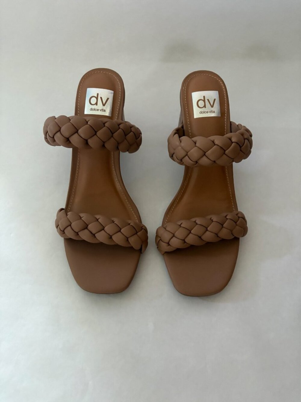 New Dolce Vita Tan Braided Leather Slides Block Heels Size 8.5
